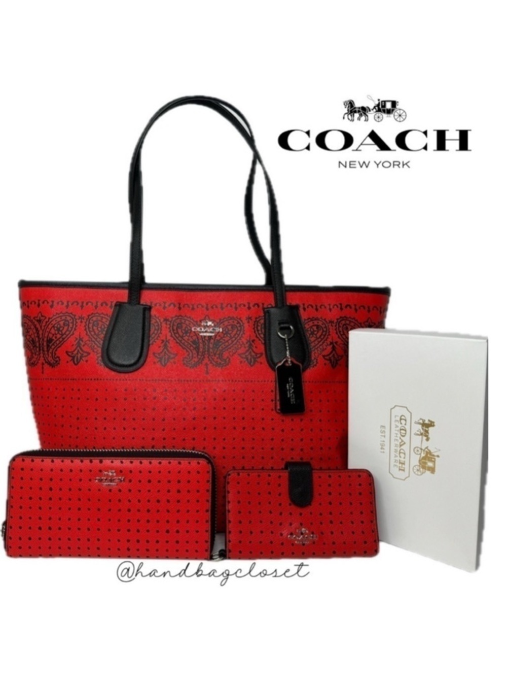 Coach 36357 Red Bandana Polka Dot Black Taxi Tote Bag and Wallets Americana Set
